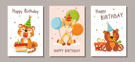 Happy birthday greeting card and party invitation set, vector illustration.Vector illustration