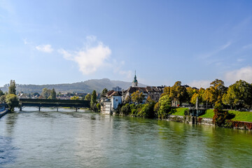 Olten, Stadt, Stadtturm, Aare, Fluss, Alte Brücke, Holzbrücke, Altstadt, historische Häuser,...