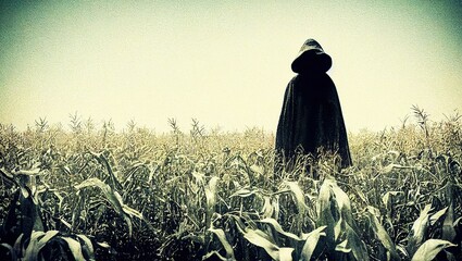 Illustration of a dark figure with a hood standing in a cornfield
