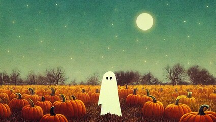 Illustration of a white ghost in a pumpkin patch at night