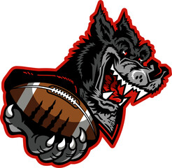 cartoon wolf mascot holding football in claw for school, college or league