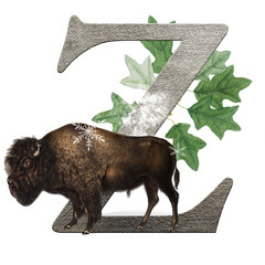 The Z initial letter. Vintage Alphabet, set of hand-drawn ornate initial alphabet letters with winter wild animals. Luxury design of Beautiful vintage font for card, invitation, monogram, label, logo © marialetta