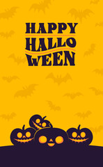 Halloween vertical banner with copy space. Carved Pumpkins Jack O Lantern design. Cute spooky design with fun elements.