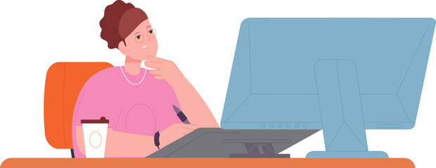 Woman working at computer with coffee cup. Freelancer workplace