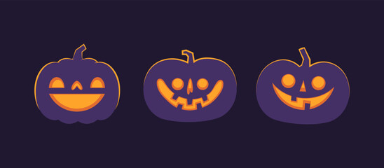 Set of carved halloween pumpkins. Jack o Lantern glowing inside with smile for your design for the holiday. Cute and fun vector illustration.