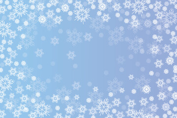 Horizontal background with snowflakes. Winter mood. White snow on blue sky
