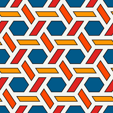 Hexagonal seamless pattern. Mosaic tiles. Honeycomb surface print. Flooring image. Wicker background. Geometric abstract. Vector ornament. Digital paper. Modern geometrical wallpaper.