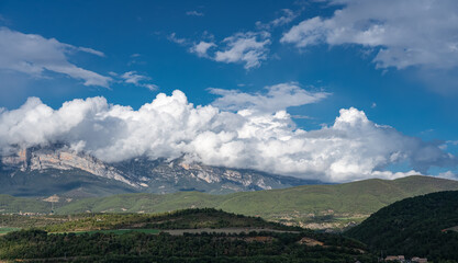 magnificent view of cloud topped Spanish Pyrenees mountains