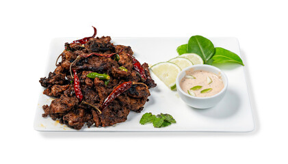 Indian traditional Beef Curry with mayonnaise Served in ceramic tray