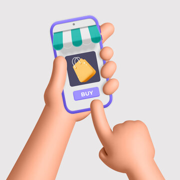 3d vector hand holds smartphone with store awning design. Realistic render hand paying and buying staff online on mobile app illustration.  Business, Digital marketing concept.