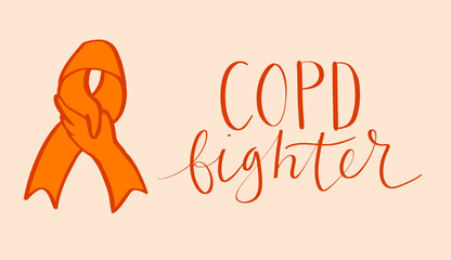 COPD chronic obstructive pulmonary disease awareness month Novermber handwritten lettering. Orange support ribbon. Web banner vector