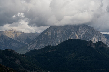 magnificent view of cloud topped Spanish Pyrenees mountains