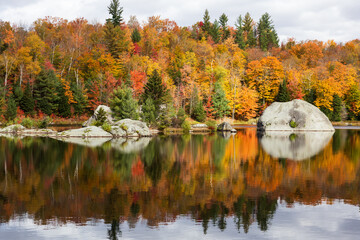 
Large boulders reflecting in small lake in the Eastern Townships region, with fall foliage in the...