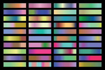 Metalic gradient collection with shiny rainbow hologram. Holographic foil texture, green, blue, yellow, pink gradation. Vector set for frame, ribbon, border, other design