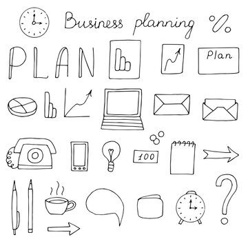 Business planning set vector illustration, hand drawing doodles