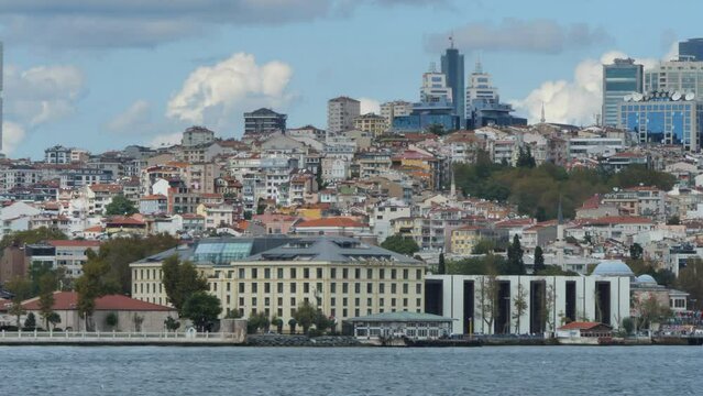 ail along the Bosphorus Strait, view to european side in Istanbul, Turkey