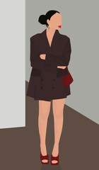 Fototapeta premium Vector flat image of a girl in a dark jacket. Lady in sandals and with a red bag. Dark-haired girl. Design for cards, avatars, posters, backgrounds, templates, banners.