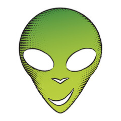 Scratchboard Engraved Icon of Alien Face with Green Fill