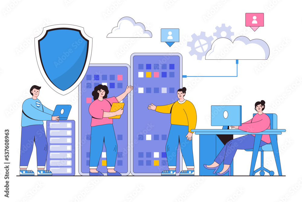 Poster flat business datacenter technology, developer technician team working with cloud computing service 
