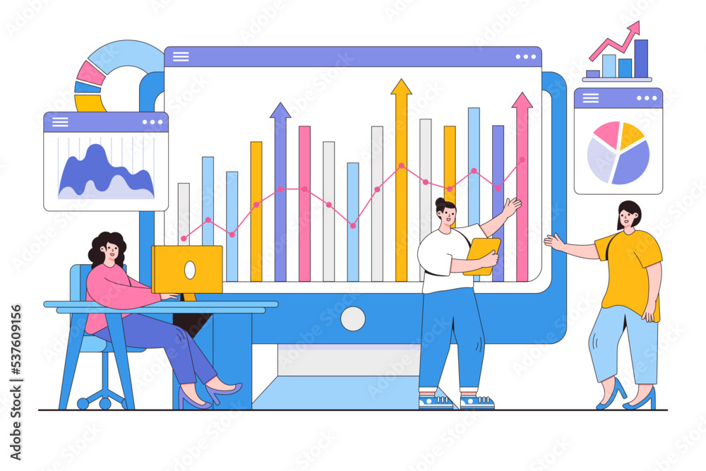 Poster flat business team monitoring and analyst web report dashboard concept. outline design style minimal