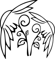 black contour drawing of two stylized flowers, isolated element, decor, logo