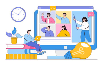 Flat people using video in online learning, meeting conference, working concept. Outline design style minimal vector illustration