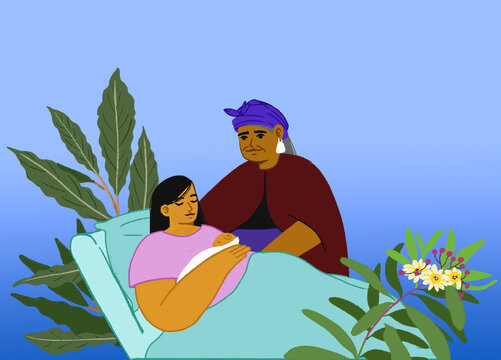 Mujeres mapauches con beb&eacute; reci&eacute;n nacido