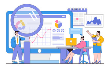 Flat data analysis, statistical for business finance investment on monitor graph dashboard concept. Outline design style minimal vector illustration