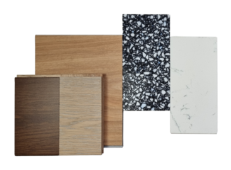 interior material samples contains oak and walnut engineering flooring tiles, wooden vinyl tiles, black terrazzo artificial stone, white carrara marble isolated on white background with clipping path.