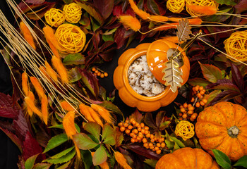 Thanksgiving  Autumn festive table background with pumpkin top view branches of sea buckthorn...