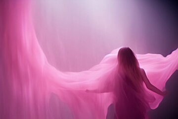 Fototapeta na wymiar long hair slim girl romantic dance in spotlight stage with pink silk. 3d rendering illustrator.