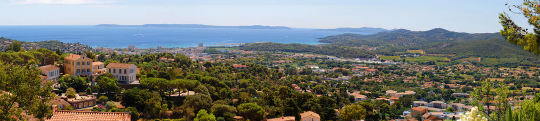 Panoramic high side view beautiful village in south of France, Bormes les mimosa village. - 537611340