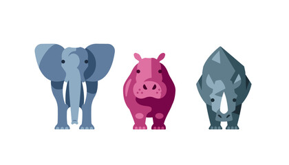 african giants - elephant hippo rhino - flat design - obrazy, fototapety, plakaty