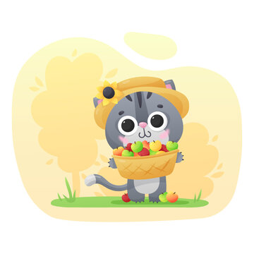 Cute gray kitty, cat in straw hat, with harvest of apples in a basket and grass on yellow background. Vector illustration for postcard, banner, web, design, arts.