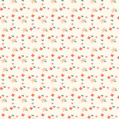 Flowers in orange shades on beige seamless vector retro pattern. Repeating floral background in Provence style. Vintage style. Use for fabric, wallpaper, home decor
