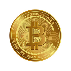 Bitcoin. Golden coin. Cryptocurrency. Realistic icon. Blockchain. Investment financial assets. Money. 3d- coin. Vector illustration. Realistic bitcoin. BTC. Currency. Exchange. heads or tails