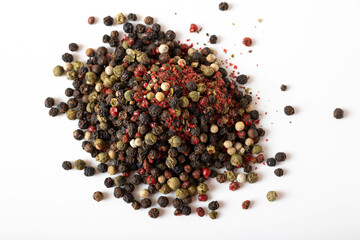 Pepper mix. Peppercorns isolated on white.