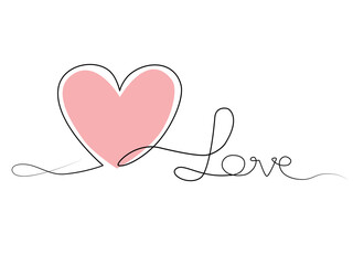 Vector one line art illustration of a love. Heart in line art style for Valentines Day card