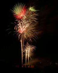 THE WOODLANDS, TEXAS, USA - July 2022: celebratory fireworks on July 4th on Lake Woodlands. Lots of spectators gathered to admire the show set on water. They watched from the Northshore park.