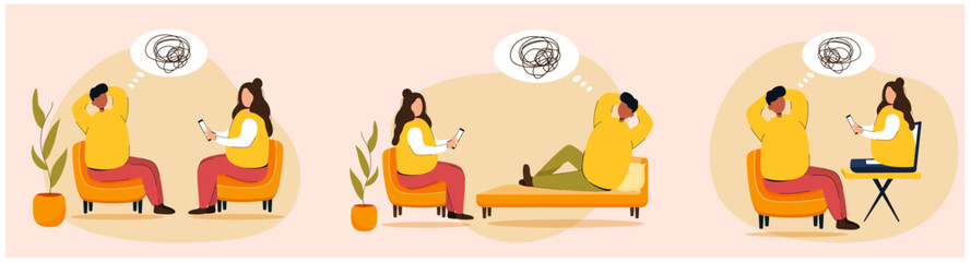 Set of vector illustrations. Lesson with a psychologist online, on an armchair and a sofa. A character without a face. Flat style. Help and support. Mental health of a person. Character