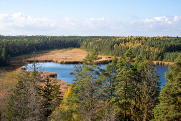 Autumn scenery with the lake from Kangari view tower in October on a sunny day in Latvia