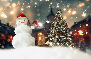  snowman on snowy  city evening town street  Christmas winter background copy space template greetings holiday card