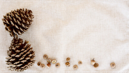 Fall banner of large pinecones and acorns  bottom and side border over a rustic woven cloth background © Karynf