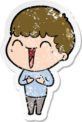 distressed sticker of a cartoon happy man