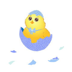Funny yellow newborn chicken with a bow in broken egg shell, cute emoji character vector Illustration
