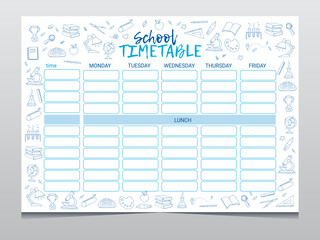 School timetable or lesson schedule template, vector education, subjects. Week chart or plan and study planner with school supplies, student stationery, microscope, magnifier and maths formulas