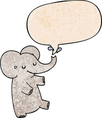cartoon dancing elephant with speech bubble in retro texture style