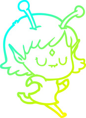 cold gradient line drawing of a cartoon alien girl
