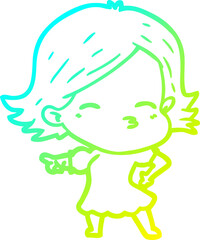cold gradient line drawing of a cartoon woman pointing