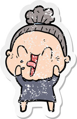 distressed sticker of a cartoon happy old woman